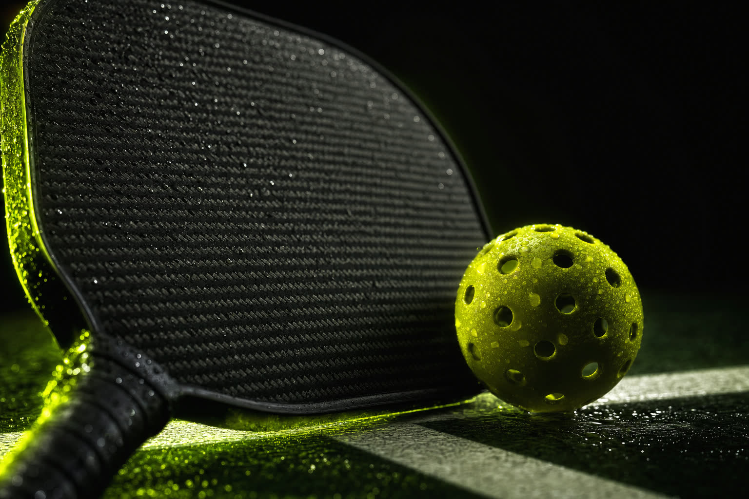 Close-up of a carbon fibre paddle and ball resting on a wet court line